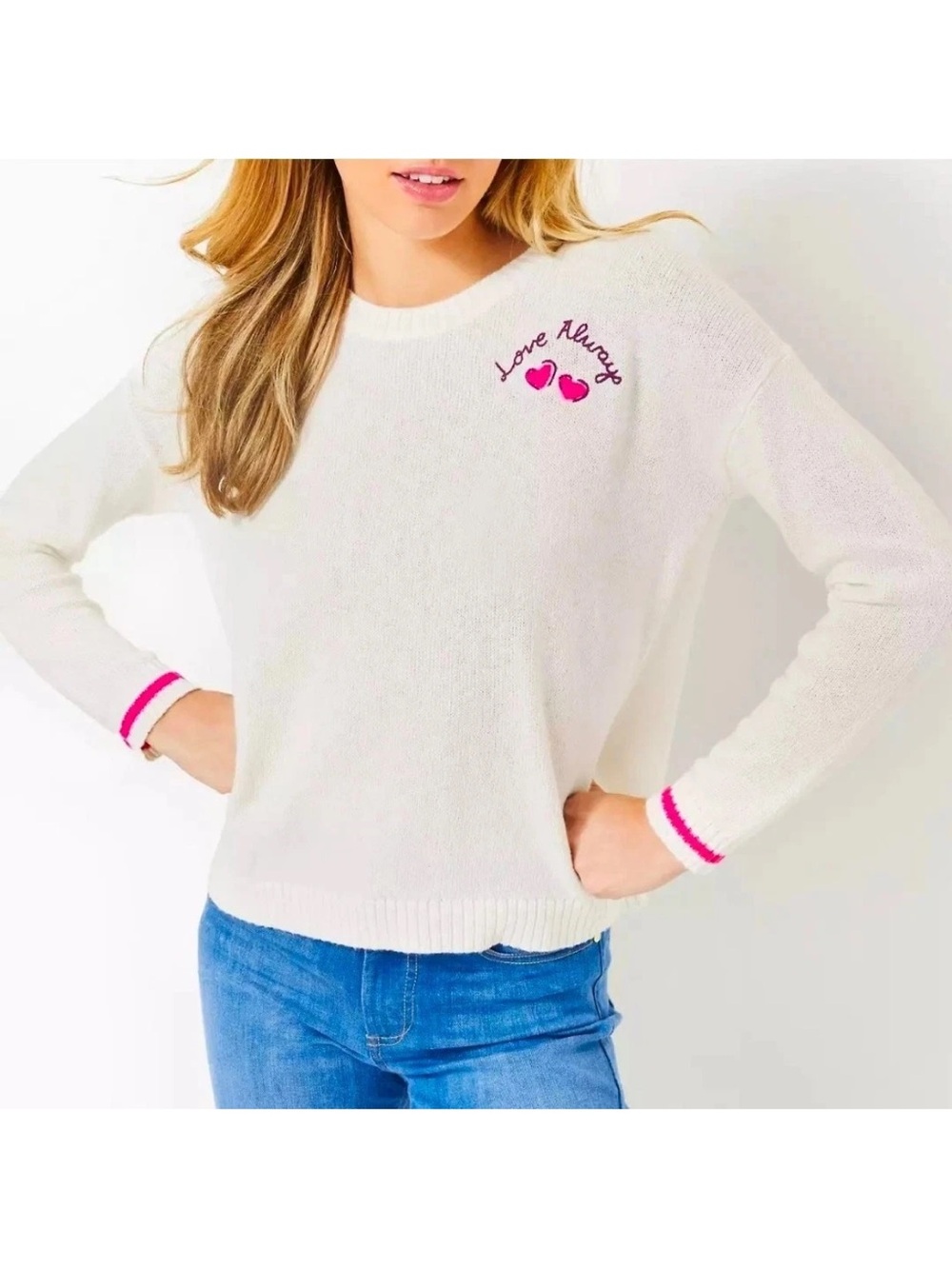 Lilly Pulitzer Sweater Coconut Love Always Pink Heart Embroidery large new